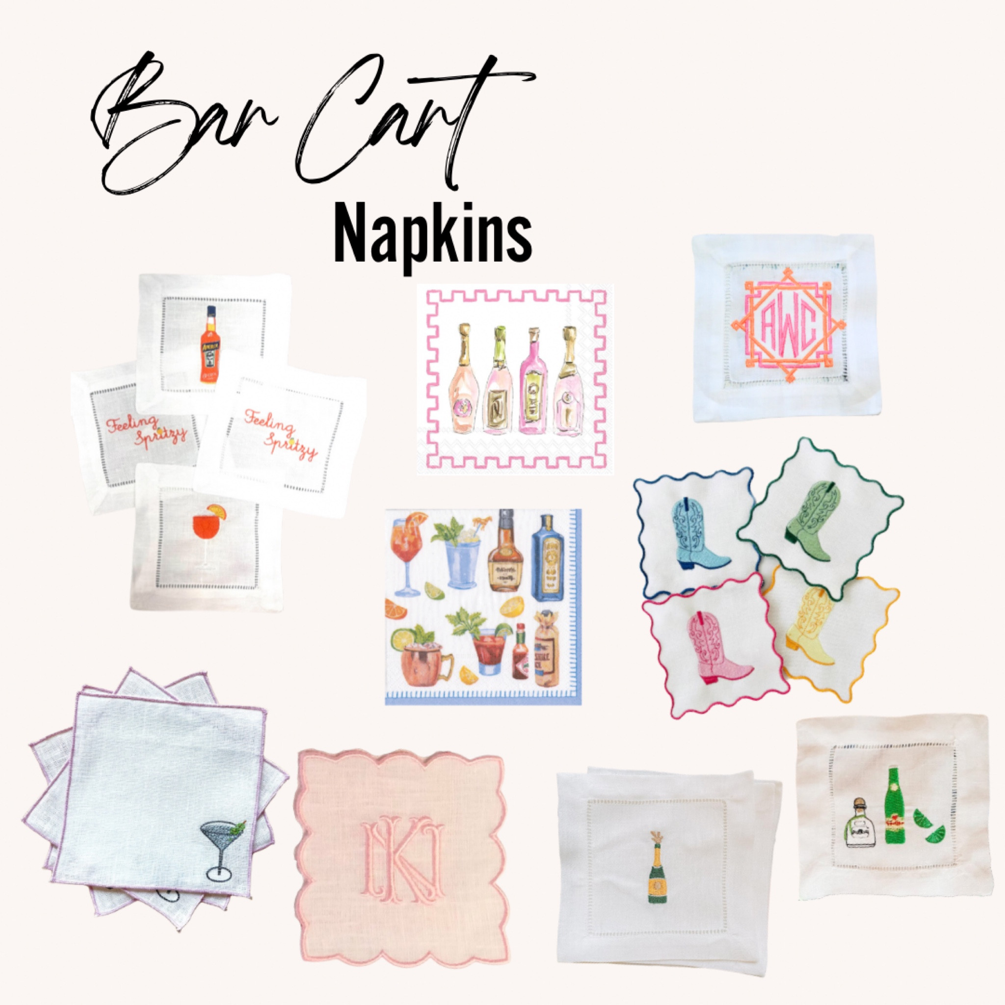 Cute napkins to spice up your bar cart 

Cute napkins, linen napkins, embroidered napkins, bart cart, bar cart styling, bar cart decor

#LTKstyletip #LTKunder50 #LTKhome