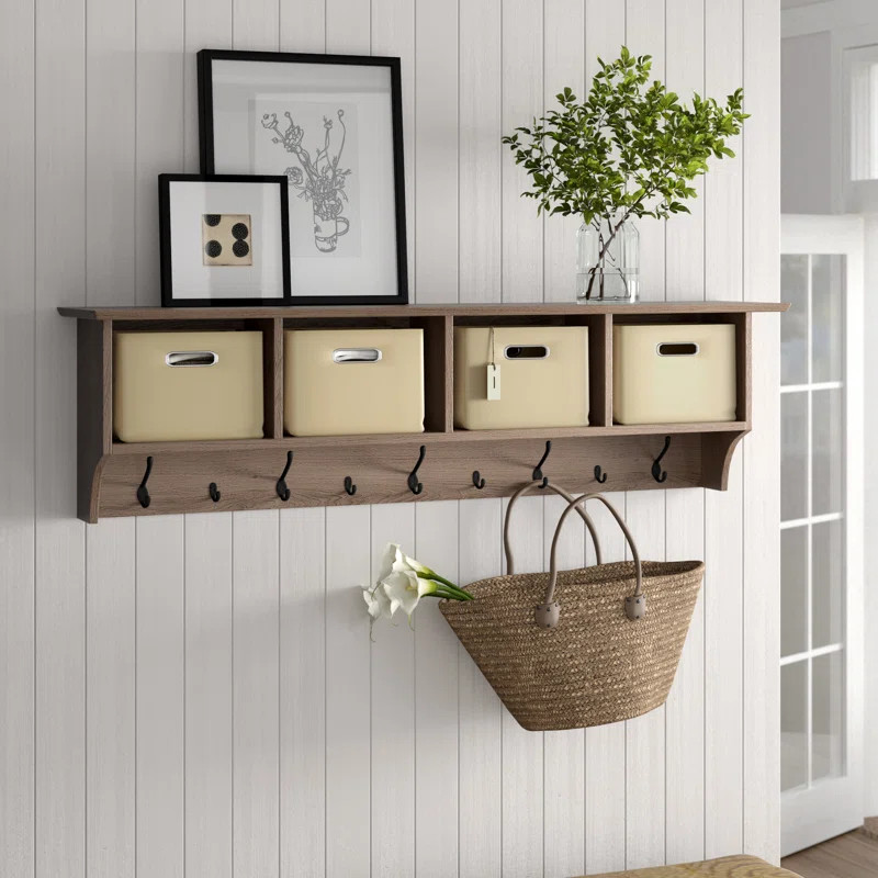 Everlene 60'' Wide 9 - Hook Wall Mounted Coat Rack with Storage in Drifted Gray | Wayfair North America
