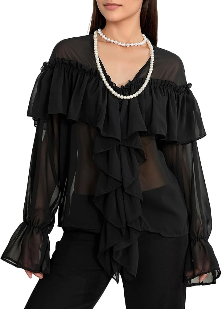 Flowy Chiffon Ruffled Top for Women Boho Puff Long Sleeve Peplum Shirts Fall V Neck Tie Front See... | Amazon (US)