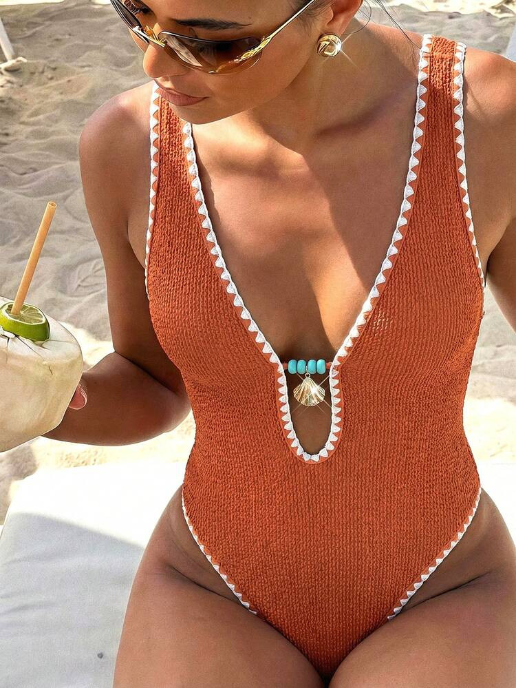 Bonvoyette Traje de ba\u00f1o de una pieza con textura naranja Lushoire, con decoraci\u00f3n de c... | SHEIN