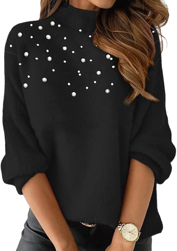 Womens Mock Turtleneck Pearl Sweater Fuzzy Long Sleeve Bead Fluffy Pullover Jumper Tops Trendy | Amazon (US)