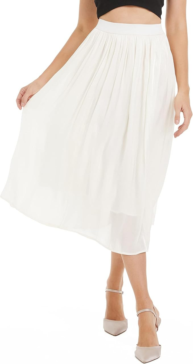 DIASHINY Long Pleated Skirt for Women Casual High Waist A-Line Midi Swing Solid Skirts | Amazon (US)