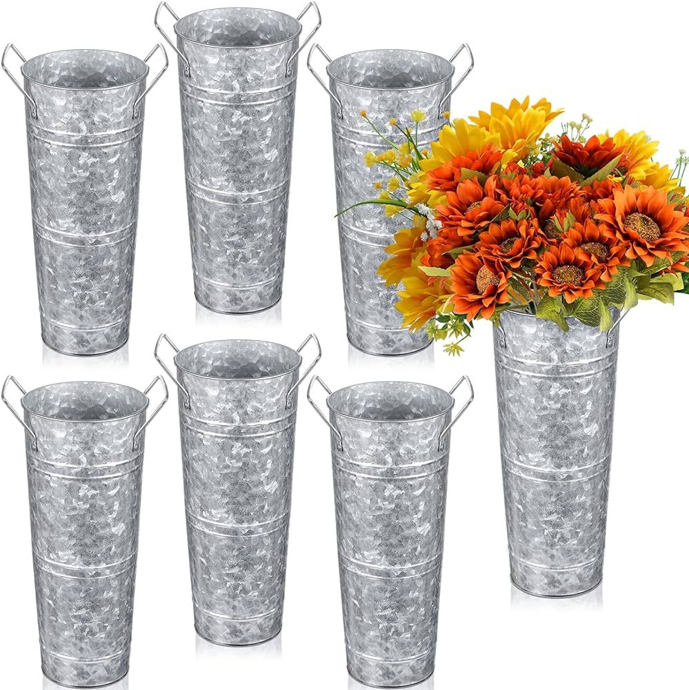 6 Pcs Galvanized Flower Bucket Metal Vase Bulk 13.8 Inch Larger Galvanized Bucket with Handles Si... | Amazon (US)