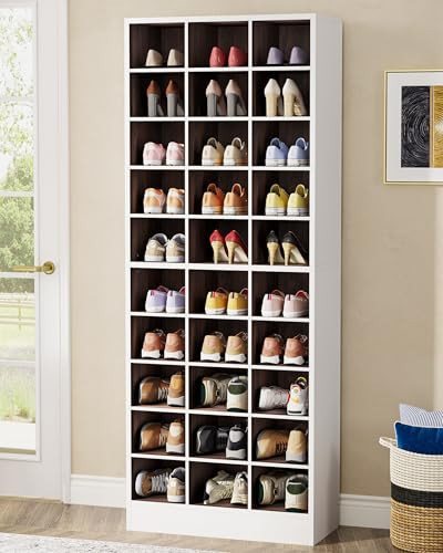 Tribesigns 10-Tier Shoe Storage Cabinet, White and Brown Wooden Shoe Rack with 30 Cubbies, Freestanding Tall Entryway Shoe Organizer for Closet, Entryway, Living Room | Amazon (US)