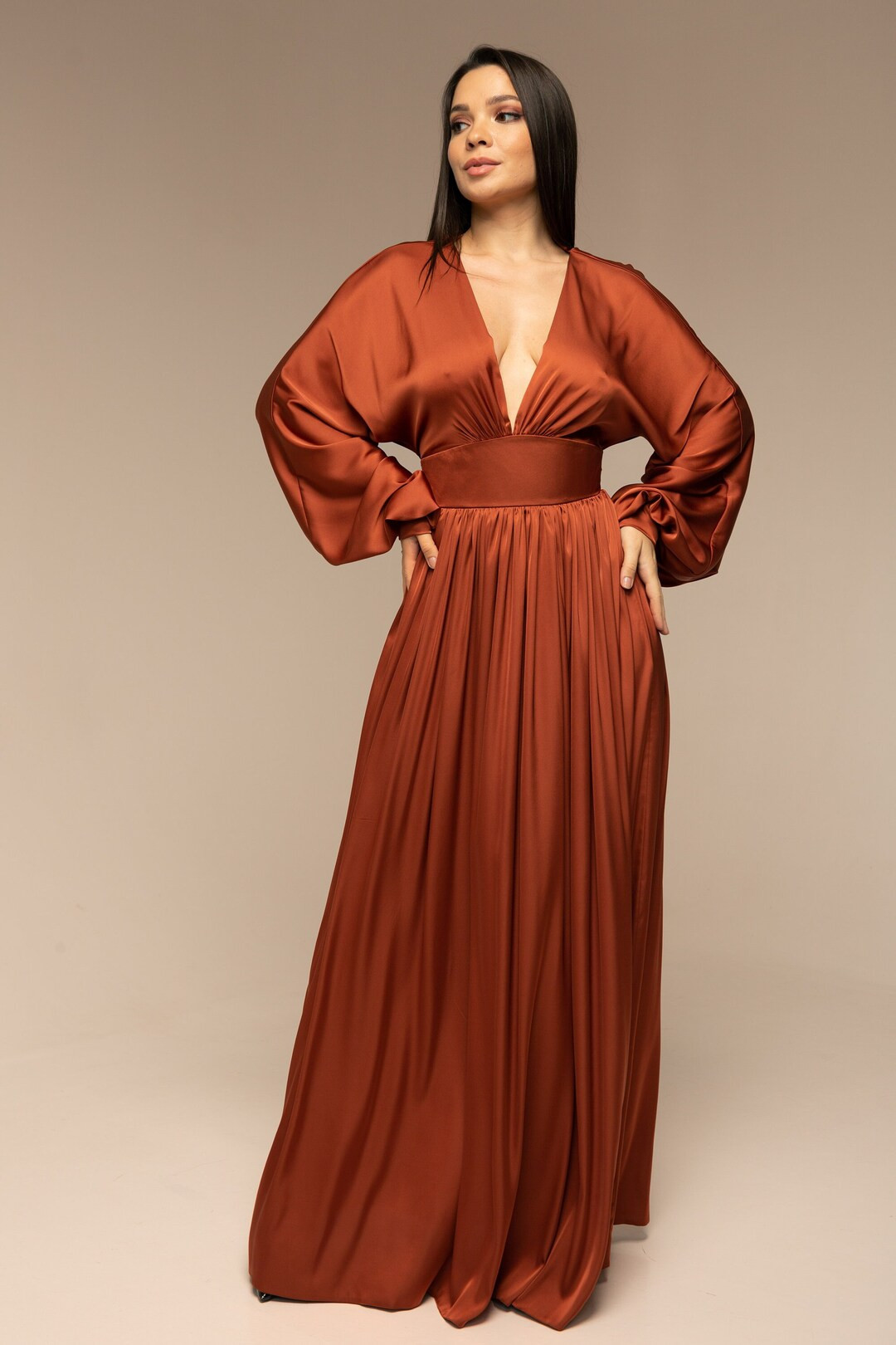 Rust Silk Maxi Dress Bridesmaid Dress Open Back Long - Etsy | Etsy (US)