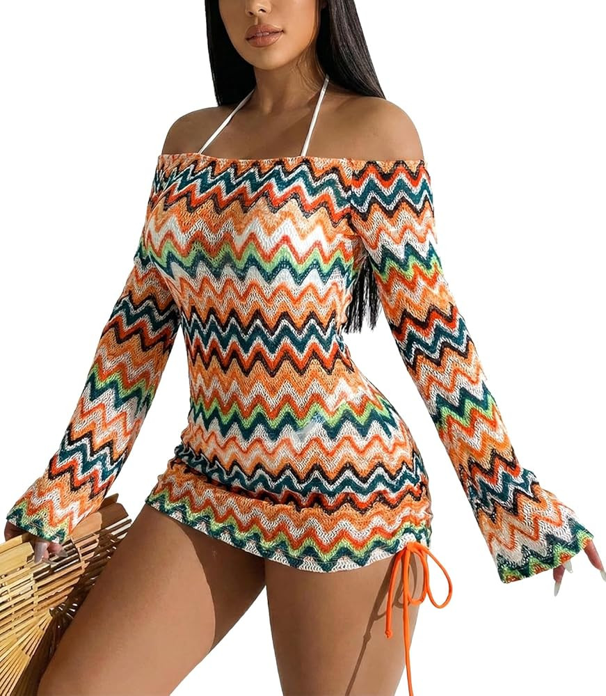 Summer Women's Sexy Mesh Hollow Out Off Shoulder Bathing Suit Coverups Long Bell Sleeve Ruched Dr... | Amazon (US)