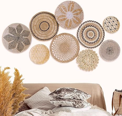 Boho Wall Basket Decor - Set Of 9 Woven Wall Baskets For Unique Home Decor, Round Decorative Hang... | Amazon (US)