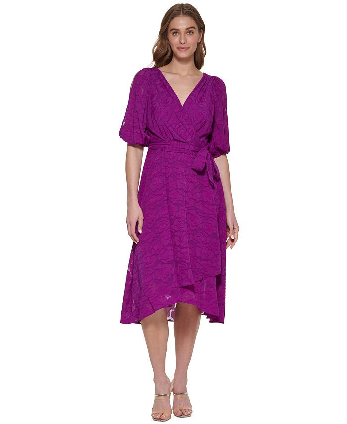 DKNY Balloon-Sleeve Tie-Waist Chiffon Lace Midi Dress & Reviews - Dresses - Women - Macy's | Macys (US)