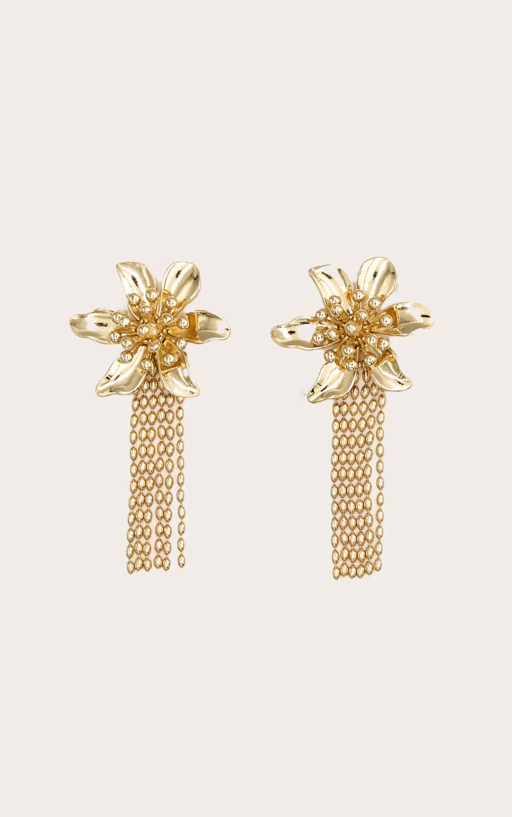 Gold Detail Flower Drop Statement Earrings | PrettyLittleThing US