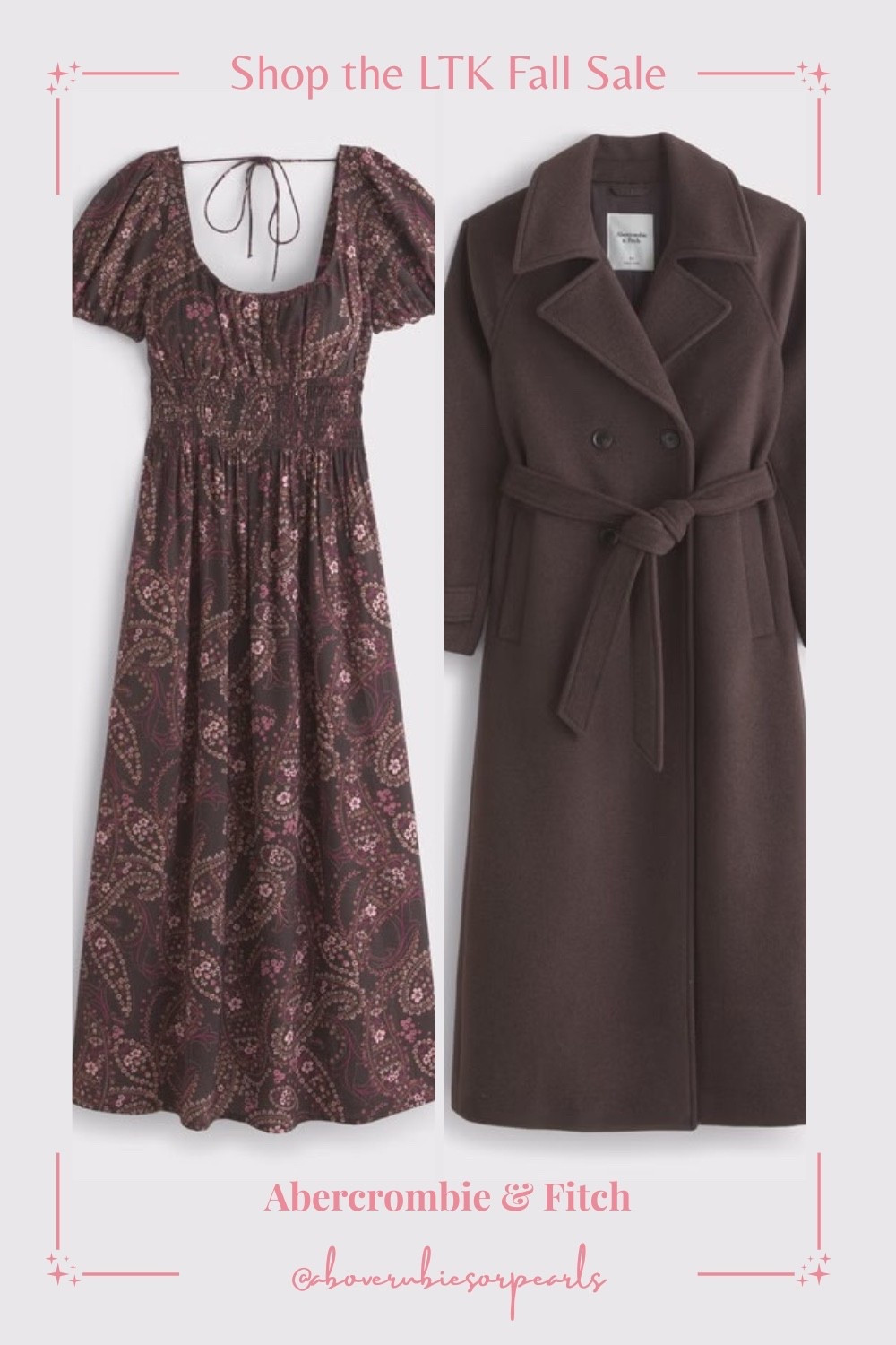 Elegant fall pairing: a puff-sleeve smocked-waist midi dress in rich brown paisley and a dark-coffee wool-blend trench coat. Wear them together for a polished look or style separately for versatile autumn outfits. Shop this modest fall outfit now during the #LTKFallSale.

#LTKSeasonal #LTKFallSale #LTKSaleAlert