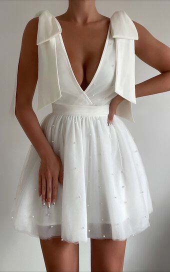Karalyn Mini Dress - Bow Strap Plunge Pearl Detail Dress in White | Showpo (US, UK & Europe)