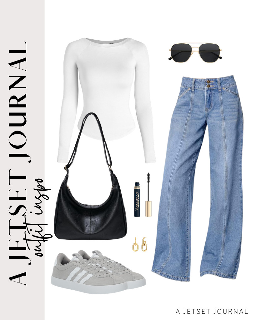A black Celestina shoulder bag creates a beautiful contrast with a white long-sleeve top from GEMBERA. Jeans and sneakers match this fit. Give it some personality by adding a pair of chunky gold earrings and mascara! 

 #LTKSeasonal #LTKSaleAlert #LTKTravel