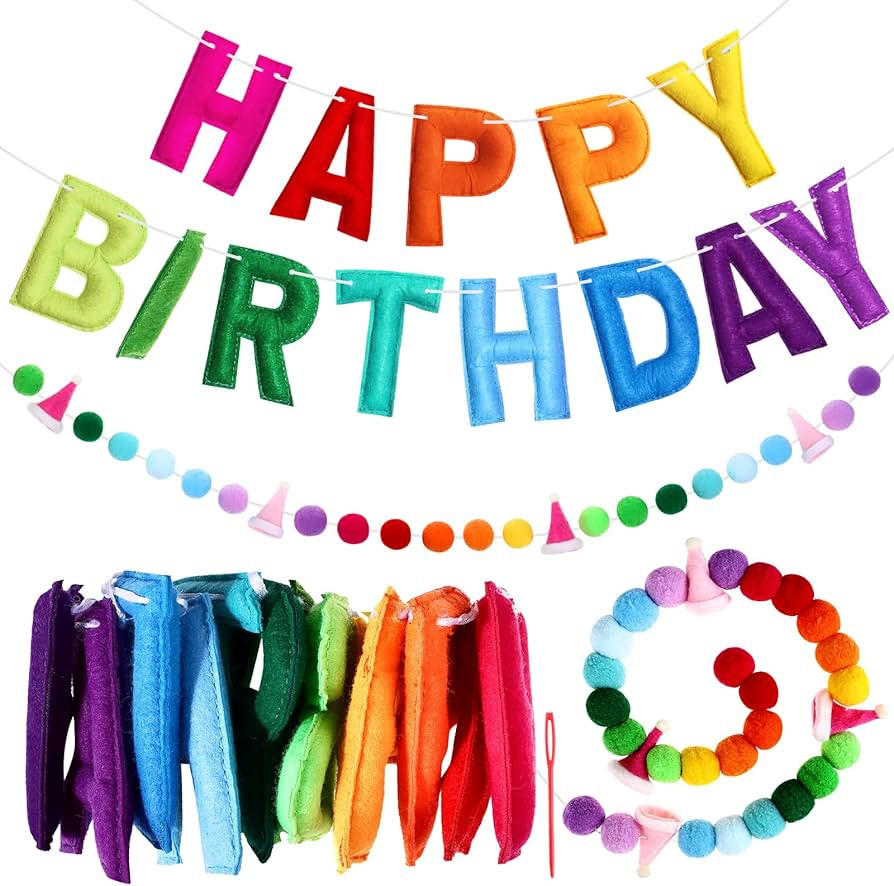 2 Pcs 118 Inch Pre-Strung Happy Birthday Banner Felt Reusable Rainbow Fabric Ball Garland Handmad... | Amazon (US)