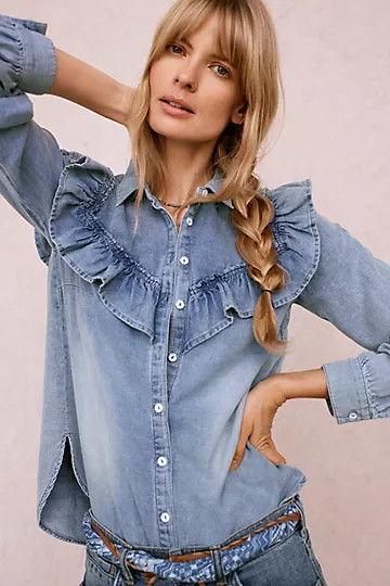 Pilcro Ruffled Chambray Buttondown | Anthropologie (US)