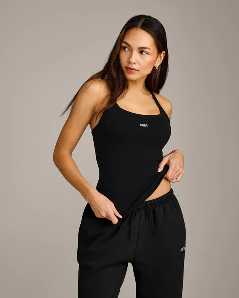 Mellow™ Rib Racer Back Tank Top with Built in Bra Shelf 
 Black | Oner Active (UK / US)