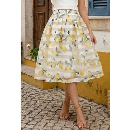 Lemon Printed Stripe Jacquard Organza Midi Skirt | Chicwish