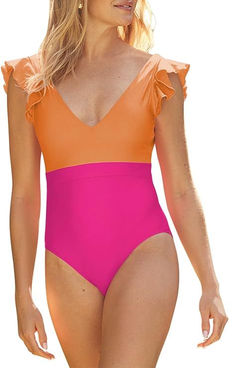 Saodimallsu Women's One Piece Color Block Swimsuits Tummy Control Ruffle Bathing Suits V Neck Bac... | Amazon (US)