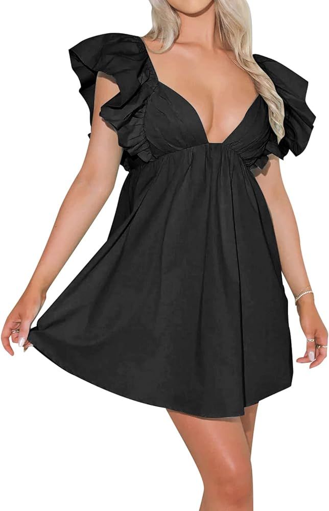 hibshaby Womens Sexy Deep V Neck Ruffle Sleeve Mini Dress Backless Lace Up Summer Dresses | Amazon (US)
