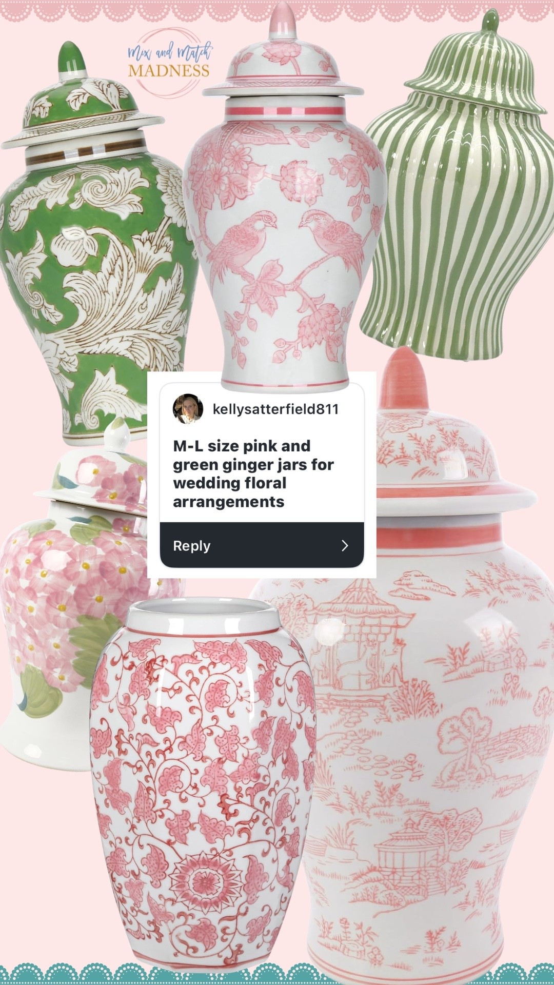 Y’all know I love decorating with ginger jars - so I loved when this special request came in for pink & green!!!