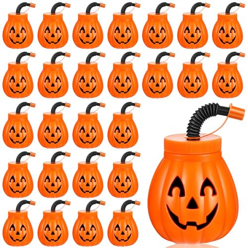 Yaomiao 24 Pack Halloween Cups Reusable Pumpkin Plastic Cups with Straw and Lids 12 Oz Orange Drinking Cups for Halloween Themed Birthday Party Pumpkin Decoration Gifts | Amazon (US)