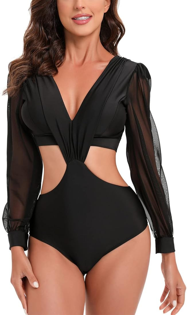 MUOLUX Long Sleeve Bathing Suit, One Piece Swimsuit Puff Sleeve Bathing Suit Swimwear | Amazon (US)