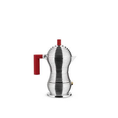 Alessi Pulcina stovetop espresso maker with red handle