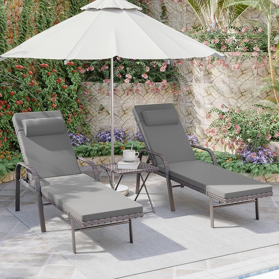 3 Pieces Patio Chaise Lounge Set Outdoor PE Rattan Armrest Lounge Chair Adjustable Backrest Recli... | Amazon (US)