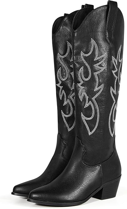 Ouepiano Knee-High Cowboy Boots for Women, Leather Stitching Classic Almond Medium Heel Embroider... | Amazon (US)