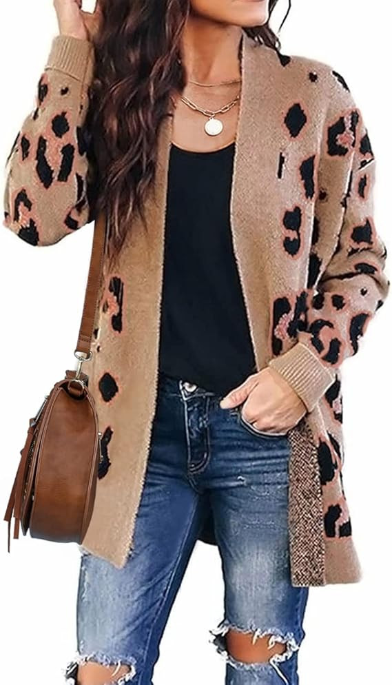 ZESICA Women's Long Sleeves Open Front Leopard Print Knitted Sweater Cardigan Coat Outwear | Amazon (US)