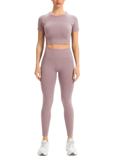 2 Piece Short Sleeve Outfits for Women Seamless Crop Tops Set for Women Workout Set (J005L-Lotus) | Amazon (US)