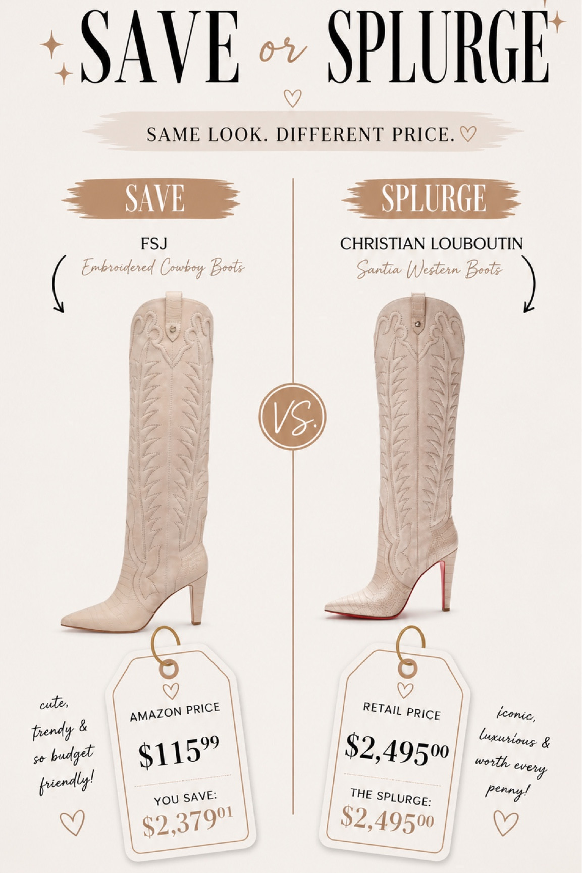 Some girls want the red bottoms… some girls want the same vibe with money left for brunch, Botox, and boarding passes ✈️👢💸

So be honest… are you team SAVE or team SPLURGE? 🤎✨ #SaveOrSplurge #LuxuryForLess #AmazonFashionFinds #WesternBoots #CowgirlStyle #DesignerInspired #FashionFinds #NeutralStyle #BootSeason #FashionFaceOf

#LTKgrwm #LTKSeasonal #LTKSaleAlert