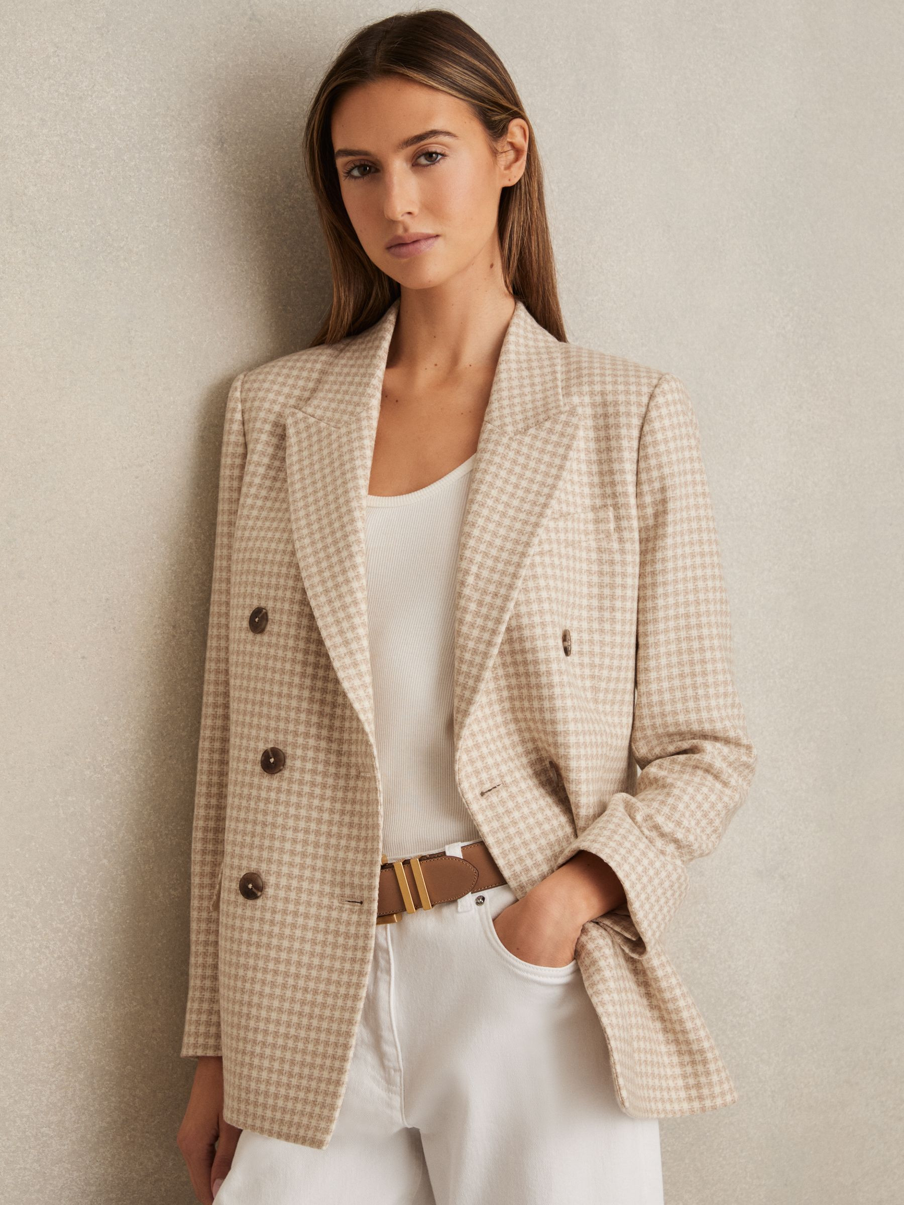 Double Breasted Check Blazer With Wool in Neutral Check | Reiss UK