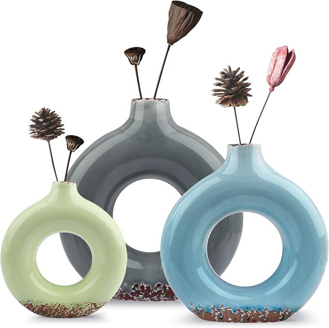 3PCS Ceramic Vases for Home Décor, Rustic Round Circle Decorative Flower Vase for Table, Centerp... | Amazon (US)