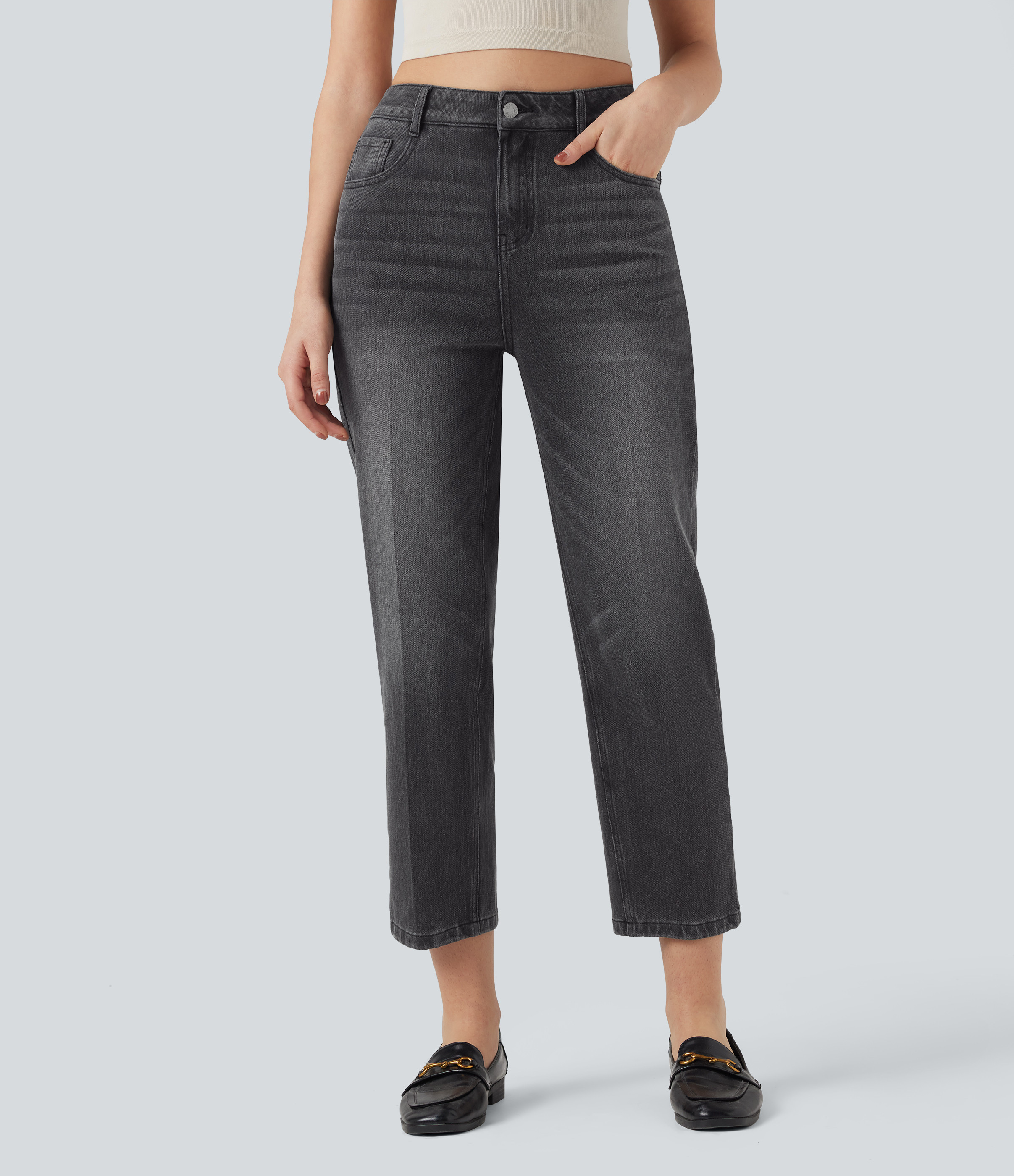 Halara Halara Flex™ High Waisted 7/8 Straight Leg Casual Jeans with Pockets - Poppy Seed Denim - XL(regular) | HALARA