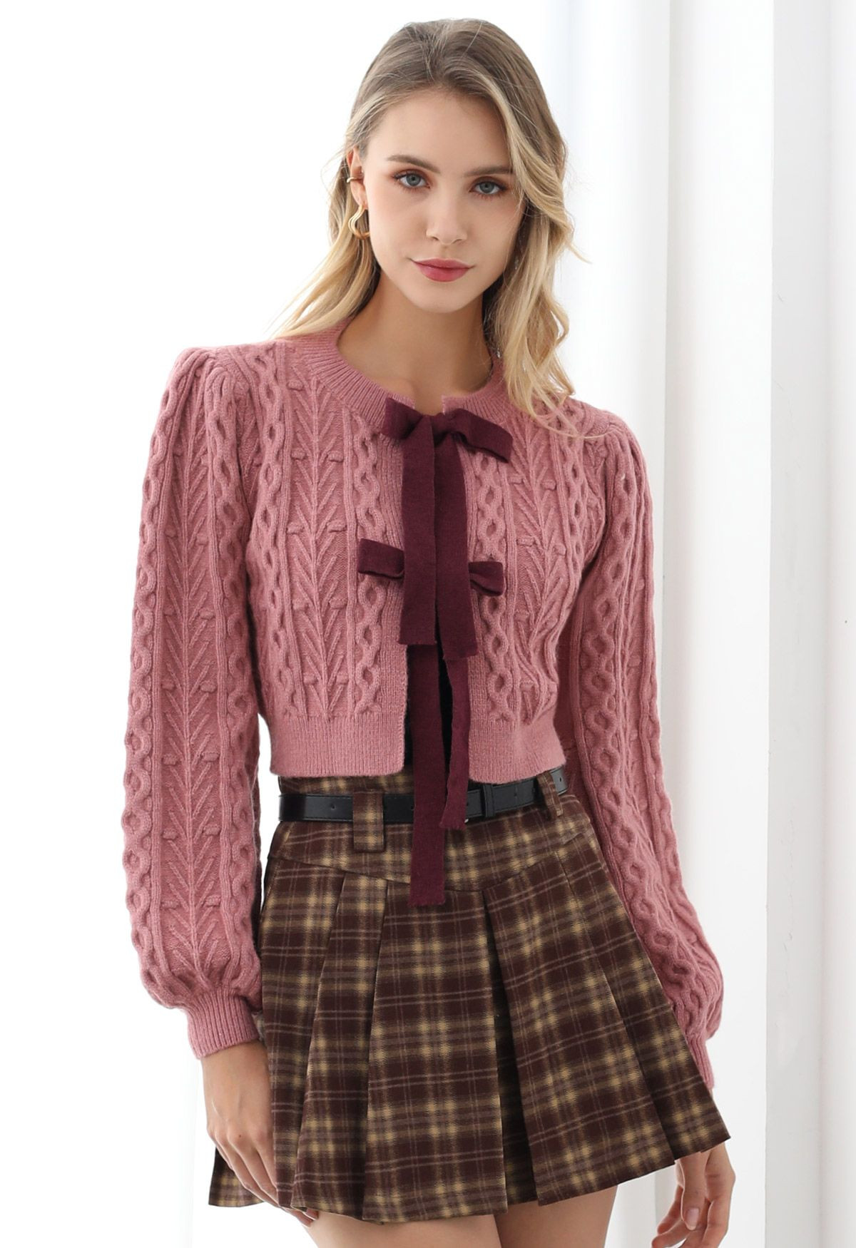 Bow Tie Front Cropped Cable Knit Cardigan | Chicwish