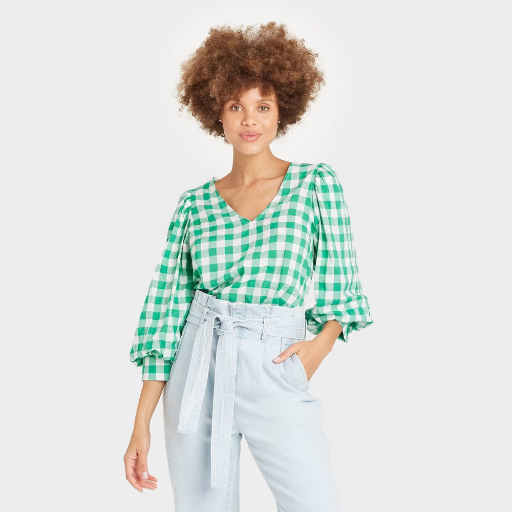 Women's Gingham Check 3/4 Sleeve Voile Top - A New Day™ | Target