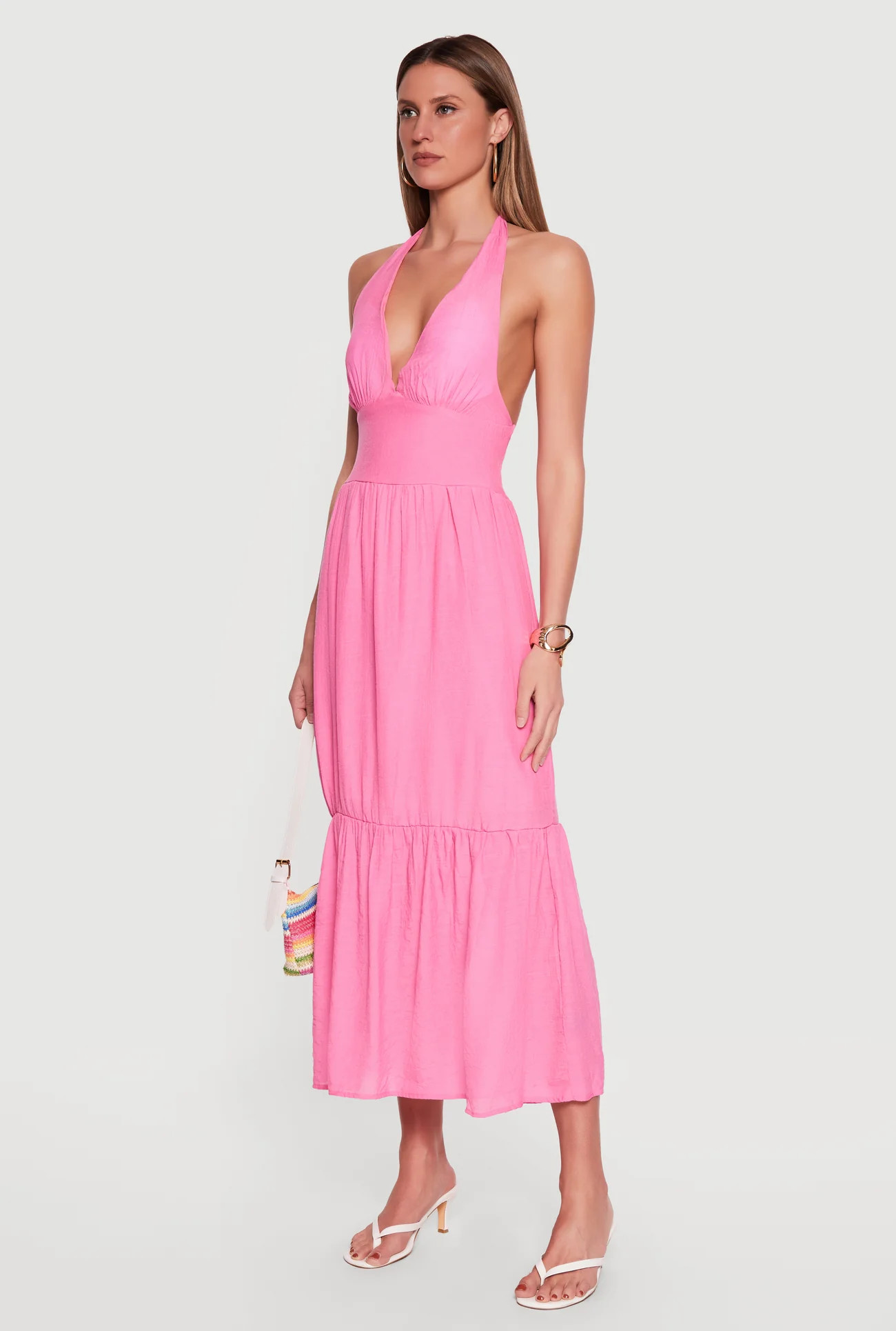 Plunge Tie Back Halter Neck Tiered Maxi Dress | Rainbow Shops