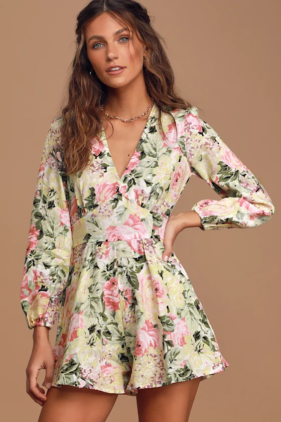 Maribelle White Floral Print Long Sleeve Romper | Lulus (US)
