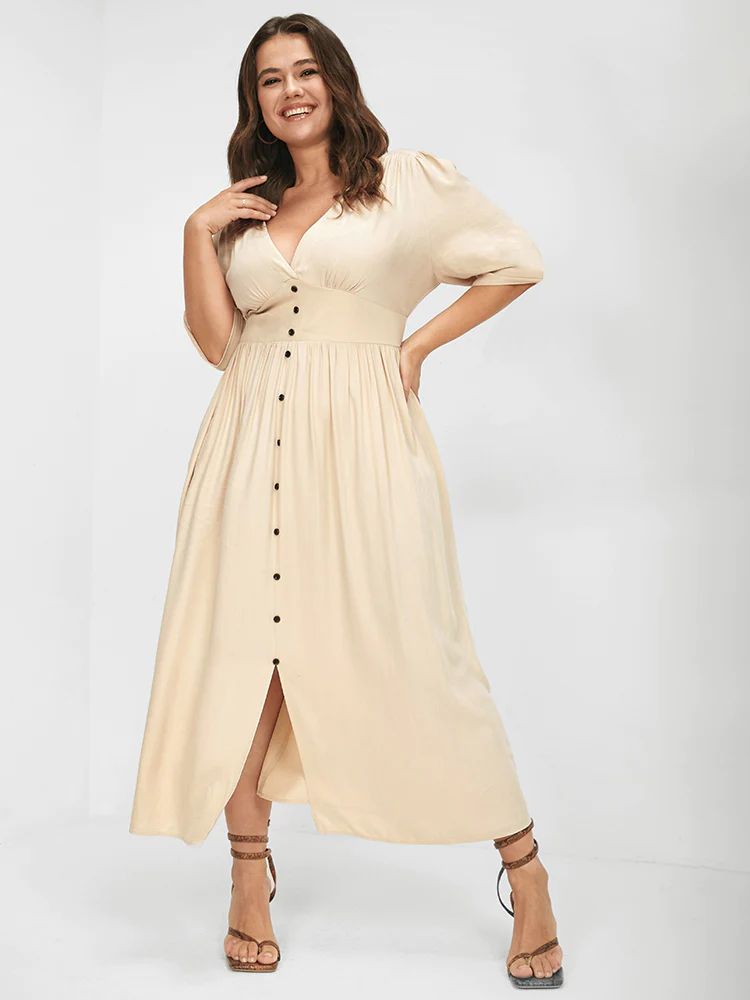 Plunging Neck Button Detail Pocket Maxi Dress | Bloomchic