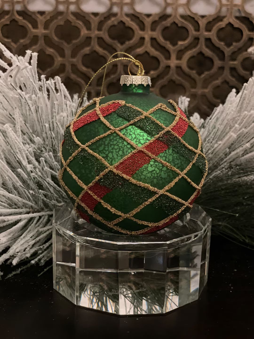 4 Mercury Glass Beaded Plaid Ball Ornament. Green Red - Etsy | Etsy (US)