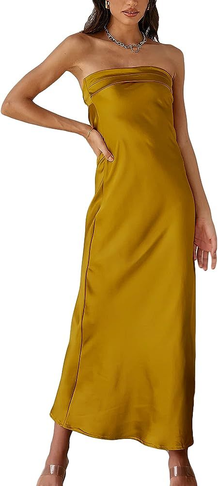 Realtix Satin Silk Backless Tube Tops Maxi Dress for Women Low Back Hollow Out Elegant Strapless ... | Amazon (US)