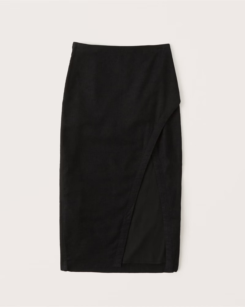 Women's Linen-Blend Wrap Midi Skirt | Women's Bottoms | Abercrombie.com | Abercrombie & Fitch (US)
