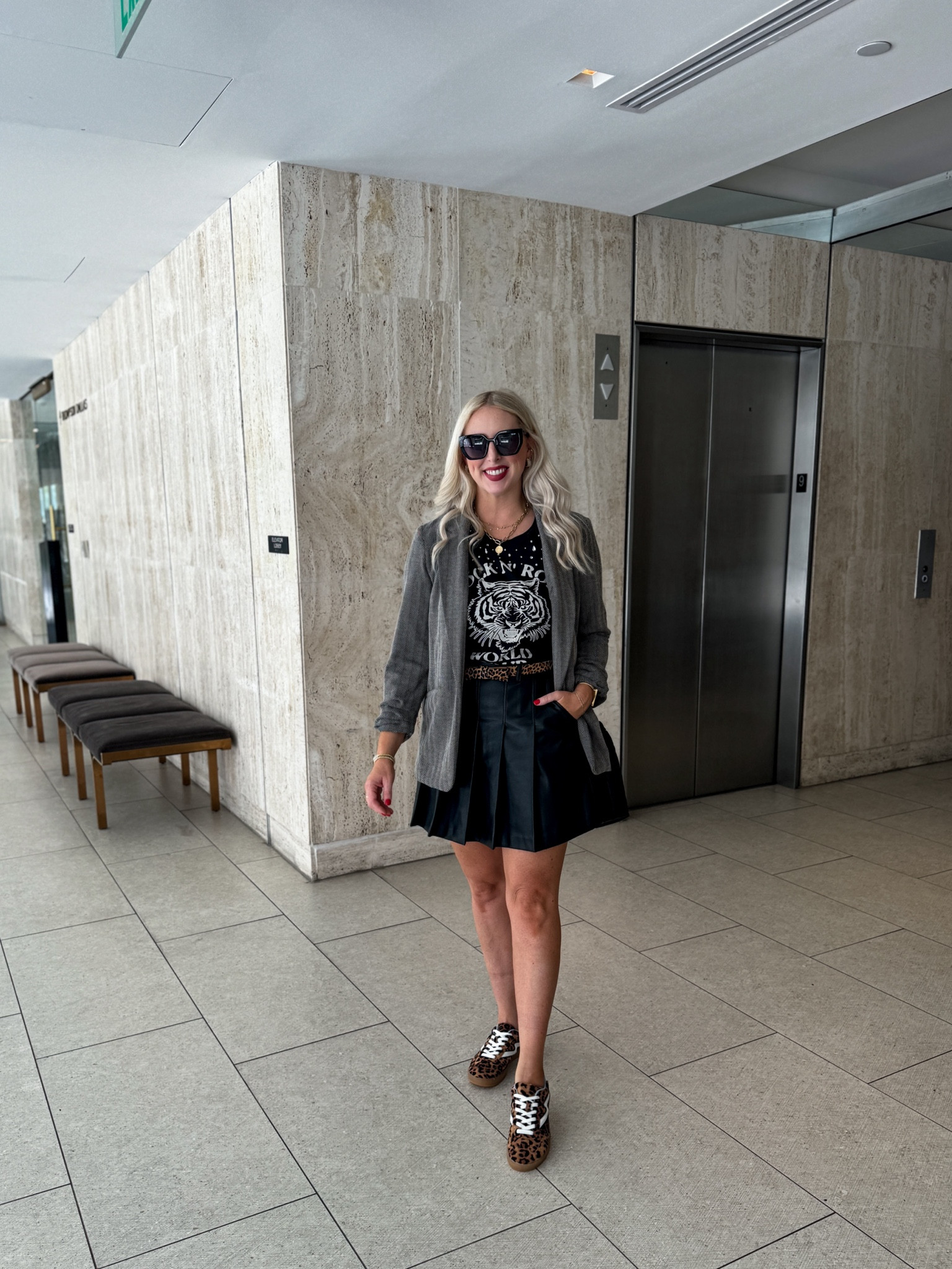 LTK Con outfit, kohls, herringbone blazer, graphic tee, faux leather pleated skirt, leopard sneakers, leopard belt 

M in blazer & tee 

#LTKCon #LTKFindsUnder50 #LTKSaleAlert