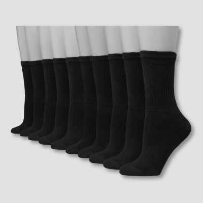 Hanes Women's Extended Size Cushioned 10pk Crew Socks - Black 8-12: Midweight Knit, Reinforced Heel & Toe | Target
