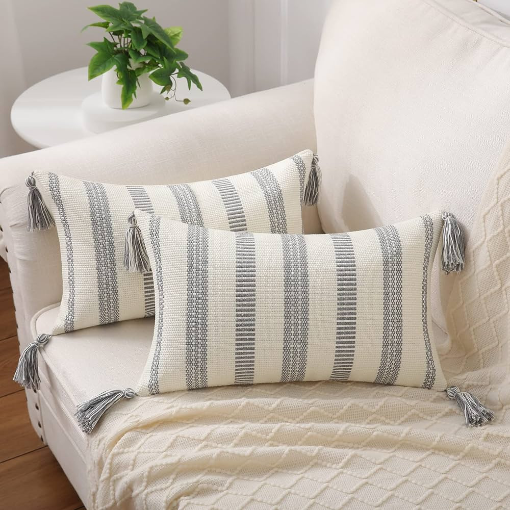 Smile Bee Boho Outdoor Throw Pillow Covers Set of 2, Decorative Woven Striped Pillow Covers with ... | Amazon (US)