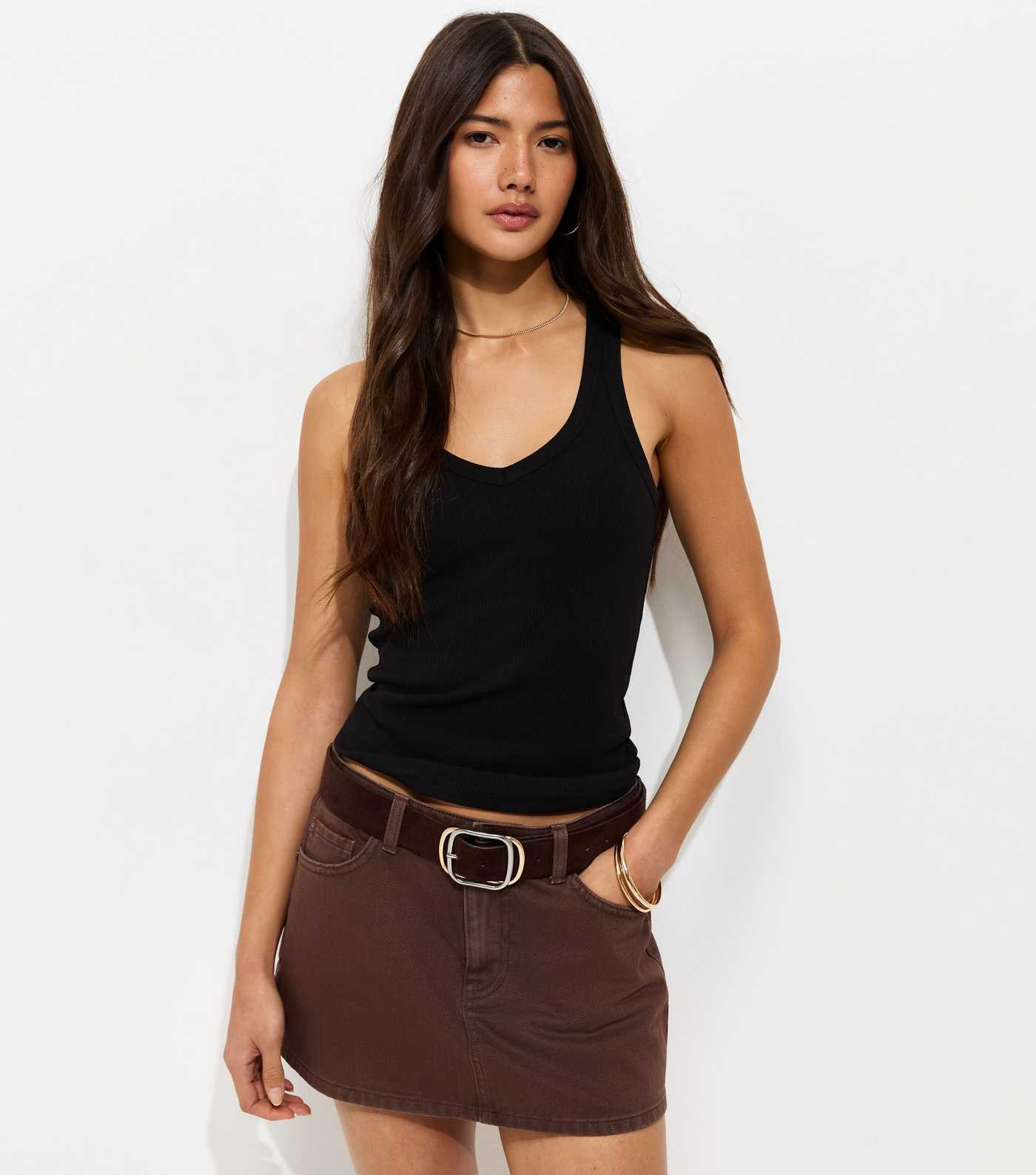 Black Cotton Rich V Neck Slim Wide Strap Vest Top | New Look | New Look (UK)