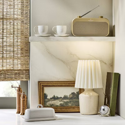 13.5" Rustic Ceramic Mini Kitchen Lamp with Pleated Plaid Shade Cream - Hearth & Hand™ with Magnolia | Target