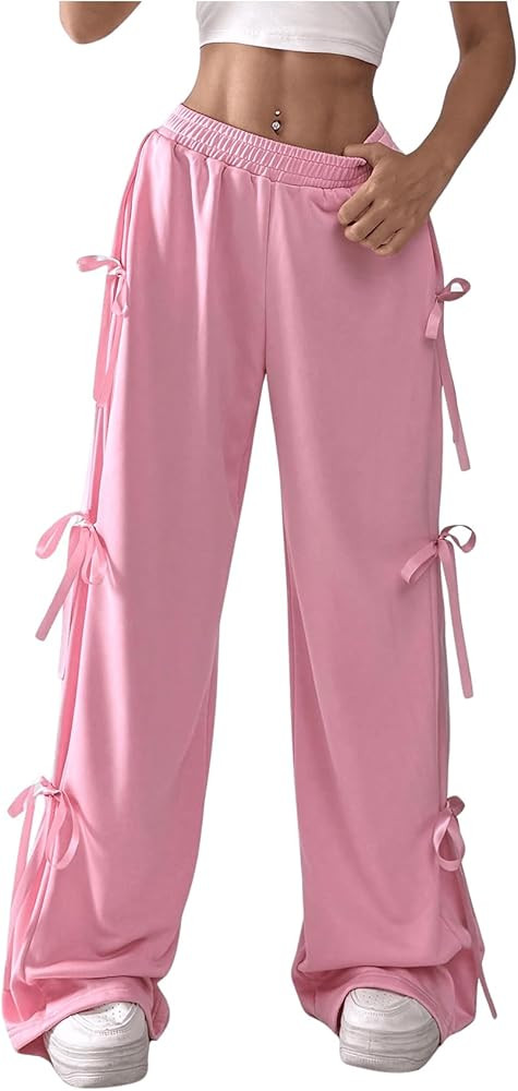 Verdusa Women's Bow Wide Leg Sweatpants Elastic Waist Casual Baggy Pants with Pocket Streetwear G... | Amazon (US)