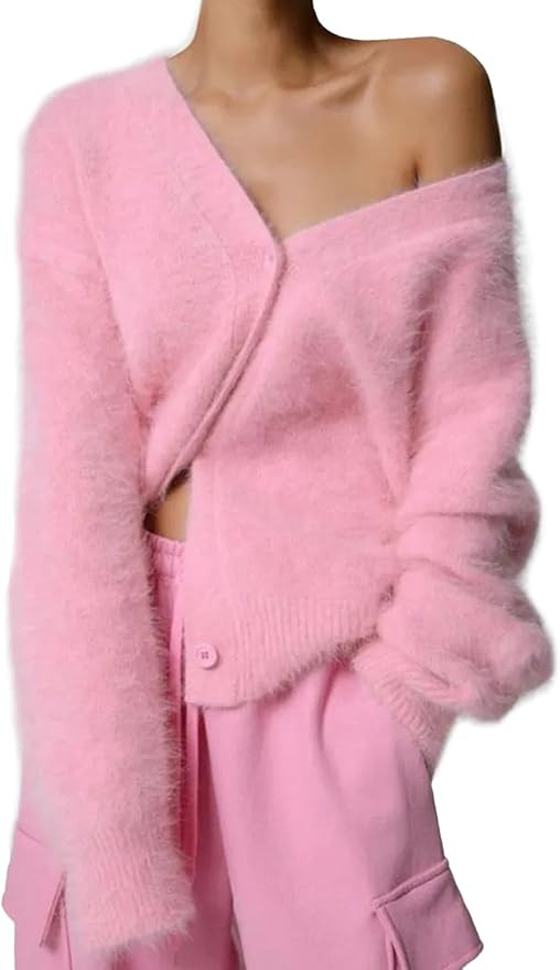 Flygo Womens Fuzzy Mohair Cardigan Sweaters V Neck Button Down Long Sleeve Fluffy Knit Open Front... | Amazon (US)