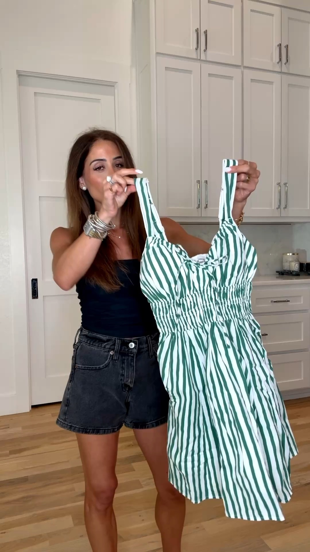 Green and white fun striped dress you can go bra free in and has shorts underneath. Wearing xxs petite 
Code AFLTK

#LTKxAbercrombie #LTKSeasonal #LTKPetite